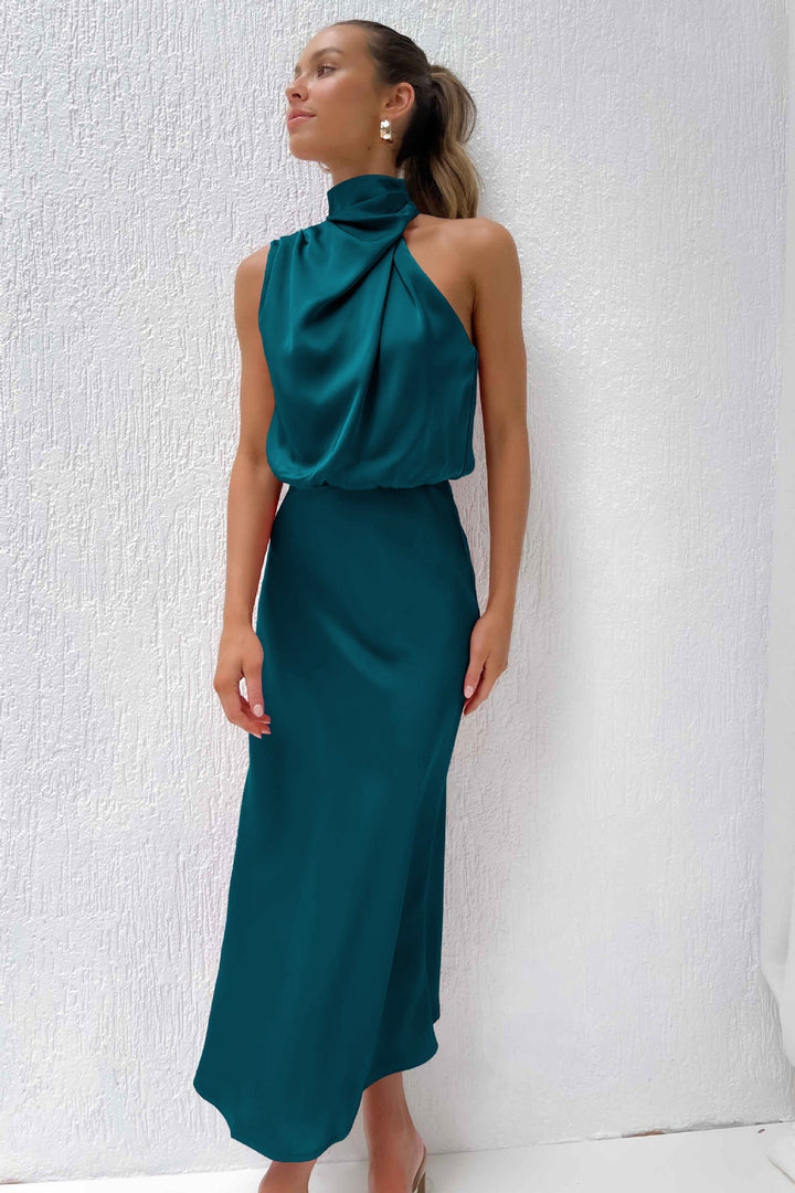 Ambre - Robe longue en satin à col halter