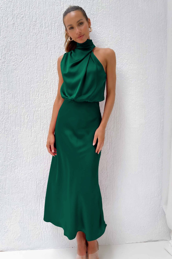 Ambre - Robe longue en satin à col halter